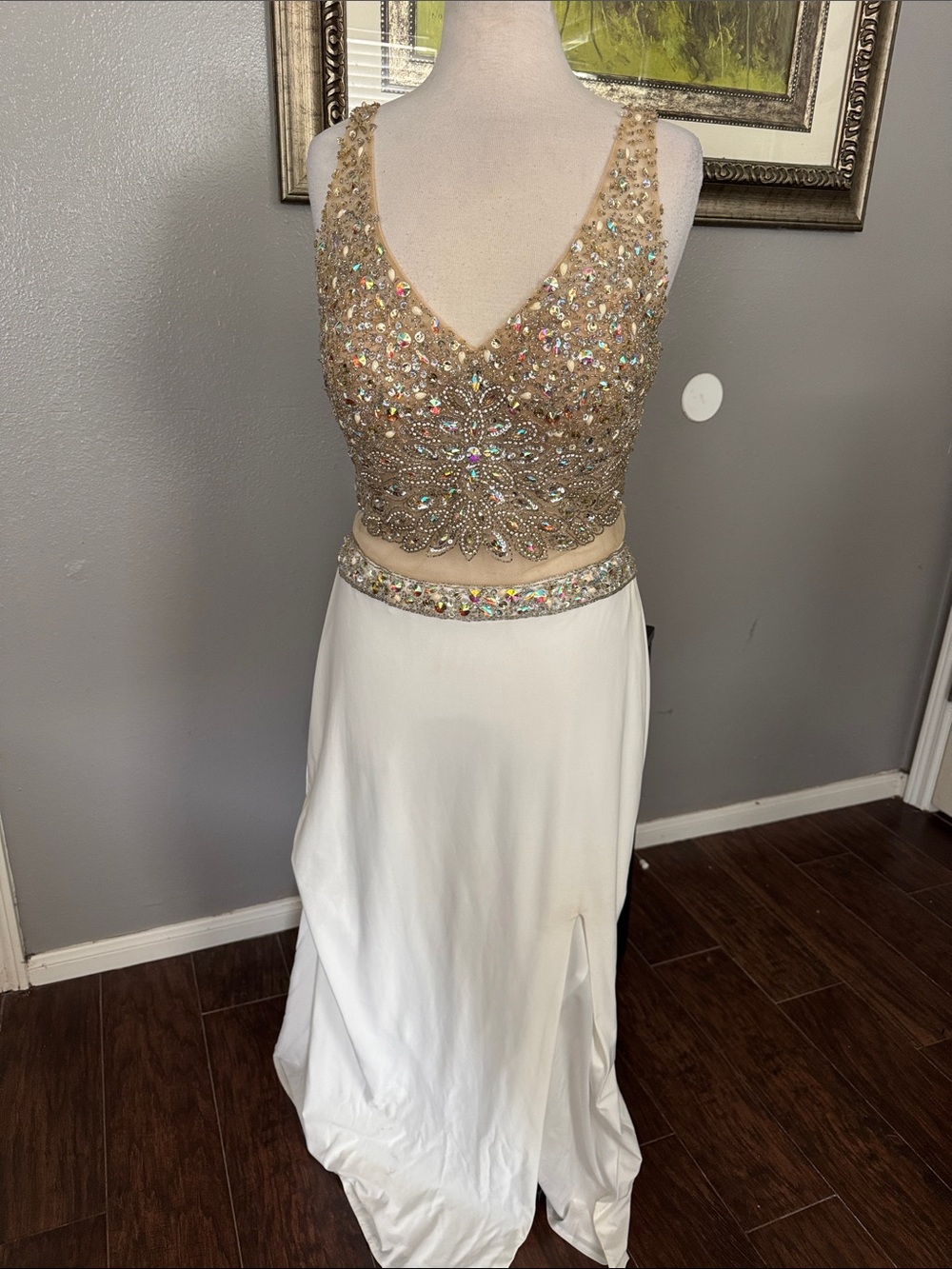 Gold Beaded V-Neck Evening Dress in White and Gold